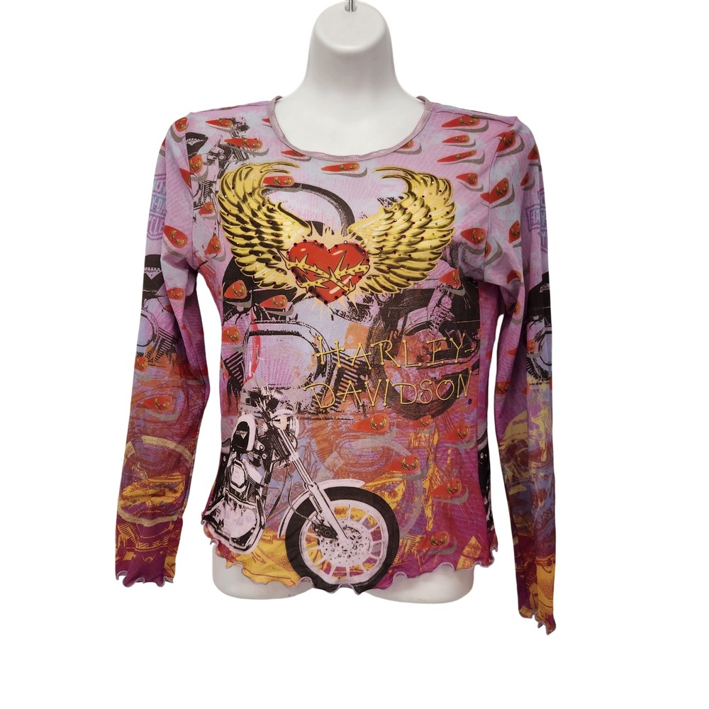 VTG Harley-Davidson Y2K Mesh Long Sleeve Top Studded Lettuce Edge Graphic L